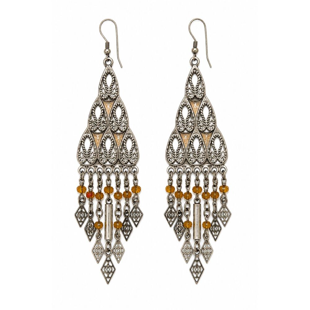 Vintage Silver Filigree Chandelier Earrings Boho Amber Beaded Fringe Dangles